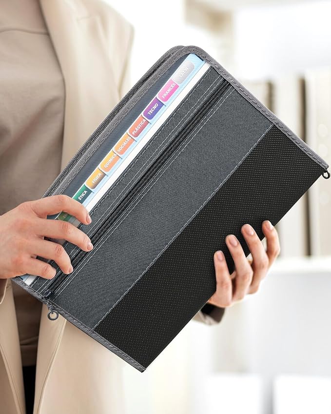 Sooez Accordion File Organizer with Safe Zipper, 12 Pocket Expanding File Folder with Front Pencil Pouch, Portable Monthly Paper Bill Tax Receipt Organizer, School Office Supplies, Letter Size, Grey