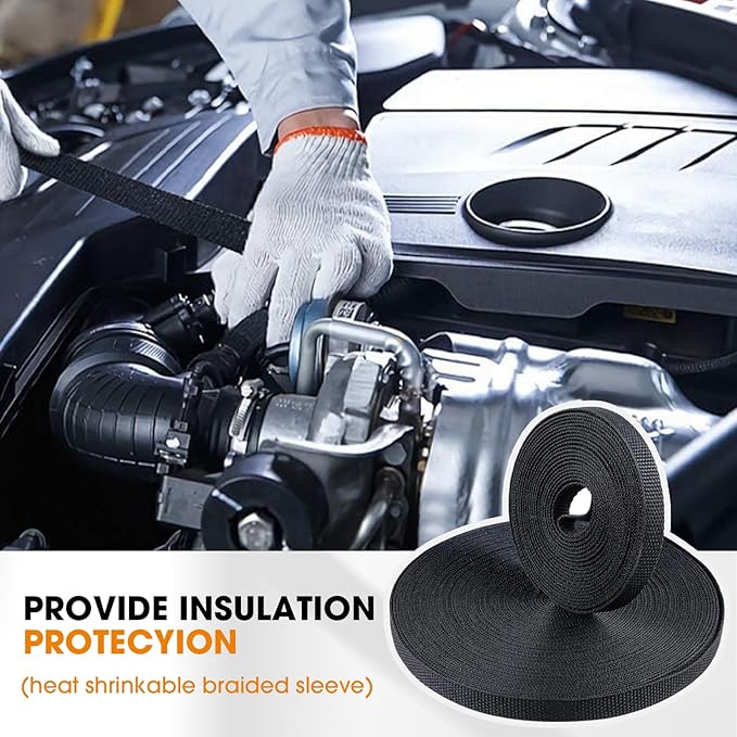 Black 2:1 Ratio Automotive Heat Shrink Braided Sleeving,Wear-Resistant Flat Woven Shrinkable Sleeve Fabric Car Cable Wires Hoses Protection (1"-8ft)