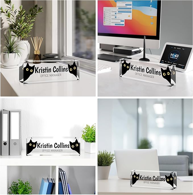 Custom Name Plate for Desk, Personalized Desk Name Plate on Clear Acrylic Glass, Appreciation Gifts for Teacher Employee Boss Coworkers Nurse, Desktop Office Accessories For Women (Black Yellow)