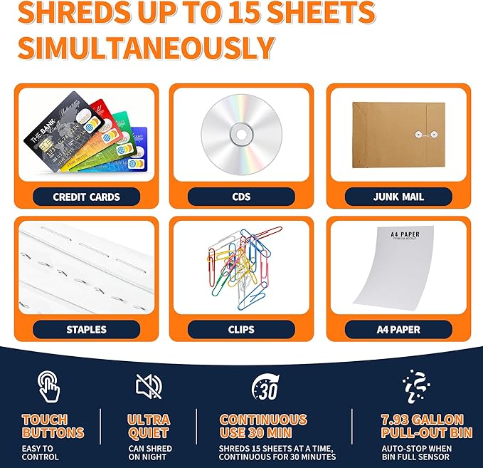 KRT Ultra-Quiet Paper Shredder 38dB,30 Min Run Time,15 Sheet Cross-Cut (4x38mm) for Office/Home,8 Gal Pullout Bin with Casters,Shreds CDs/Credit Cards,Anti-Jam Technology,Black