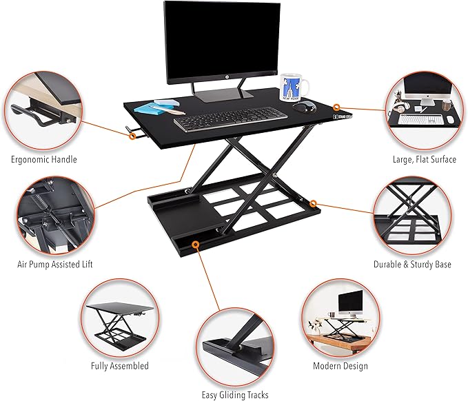 Stand Steady X-Elite Pro, Ergonomic Adjustable Height Standing Desk Converter for Home or Office, Easy Lift Sit to Stand Laptop Desk Riser for Laptop and Computer Monitor (Black, 28in x 20in)
