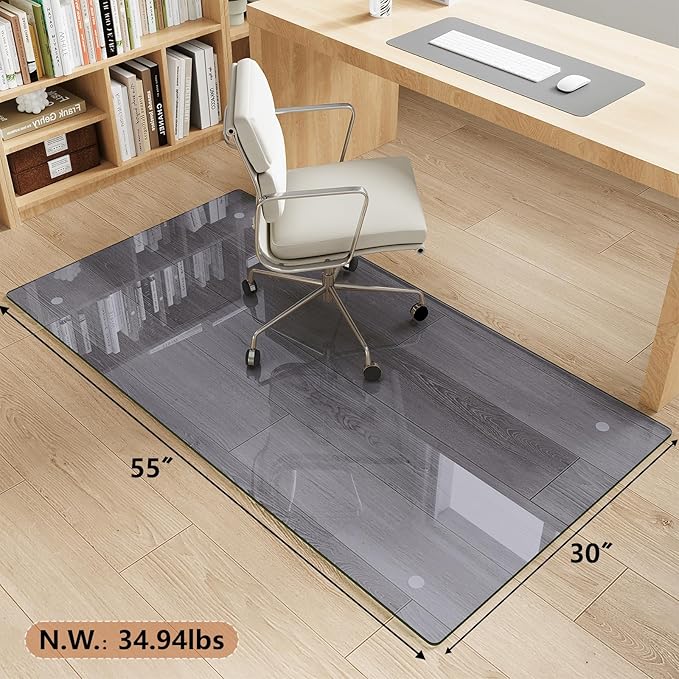 Tempered Glass Gray Chair Mat for Carpet & Hard Floor, 30"x55" Office Chair Mat - Heavy Duty & Scratch Resistant, Non-Slip Pads, Rounded Corners & Polished Edges