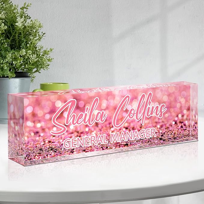 Custom Name Plate for Desk, Employee Appreciation Gifts, Acrylic Desk Name Plate Personalized, Office Decor, Funny Office Gifts for Coworkers Boss Teacher (Pink Glitter)