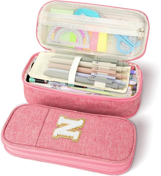 Large Capacity Pink Pencil Case, Cute Pencil Case Pencil Pouch with Zipper For Girls Women, Expandable Preppy Pencil Bag Large Storage High Capacity Bag Organizer for School Home Office Supplies, N