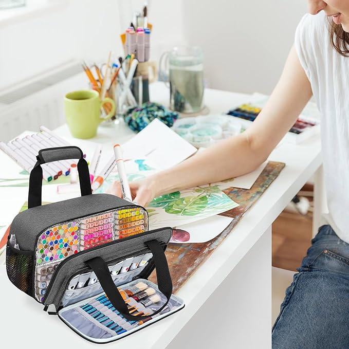 Case Organizer for up to 216 Markers, Large Bag With Carrying Handle, Holder (Length up to 5.1"), Aluminum Foil Liner Easy Cleaning, Patented Design (Grey)