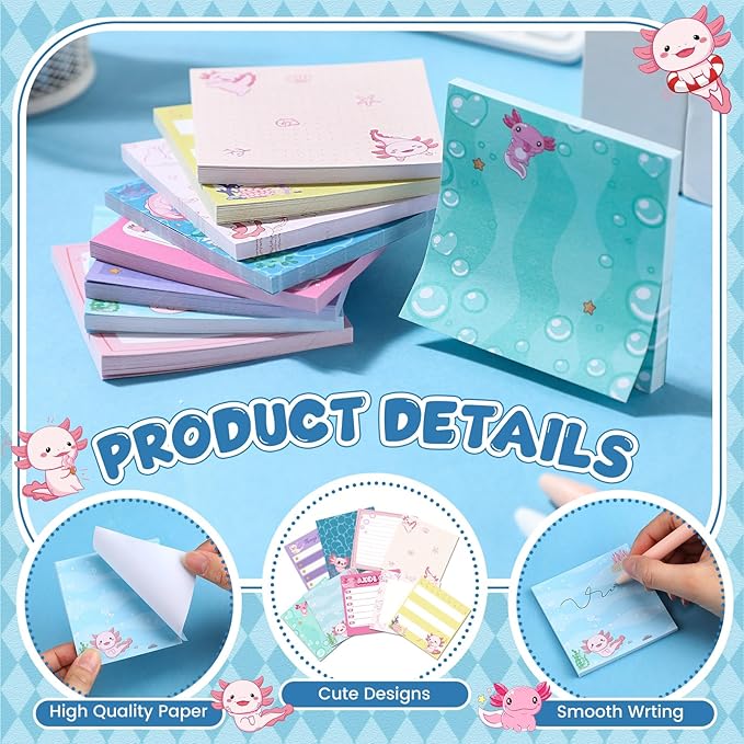9 Pads Axolotl Sticky Notes 3x3 Inch Cute Self Stick Notepads Notes Adhesive Memo Pad Office Decor Gifts for Students School Teacher Meeting Office Supplies