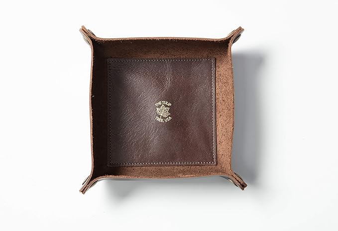 American Made Premium Leather Valet Tray, Folds Flat! Dice Rolling Basket and Organizer with Brass Rivets (Dark Walnut Brown, Medium)