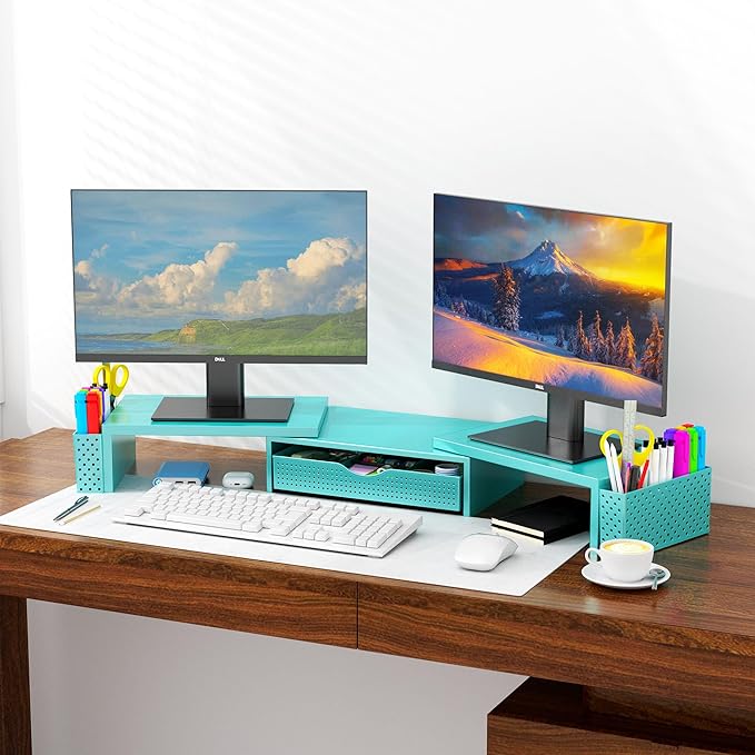 Spacrea Metal Desk Organizers and Accessories, Dual Monitor Stand Riser with Drawer and 2 Pen Holders, Desk Accessories & Workspace Desktop Organizers for Office Supplies (Blue)