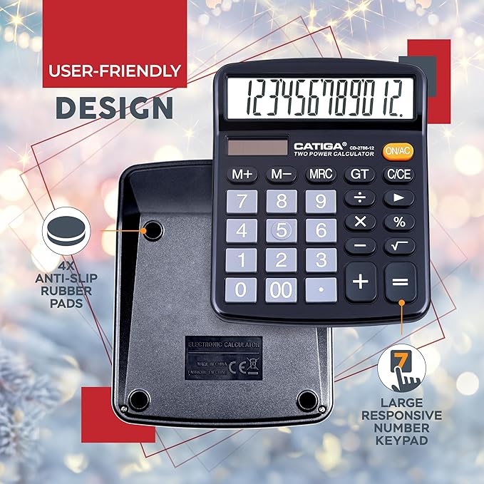 CATIGA Desktop Calculator (2 Pack) 12 Digit with Large LCD Display and Sensitive Button, Solar and Battery Dual Power, Standard Function for Office, Home, School, CD-2786 (2 Black)
