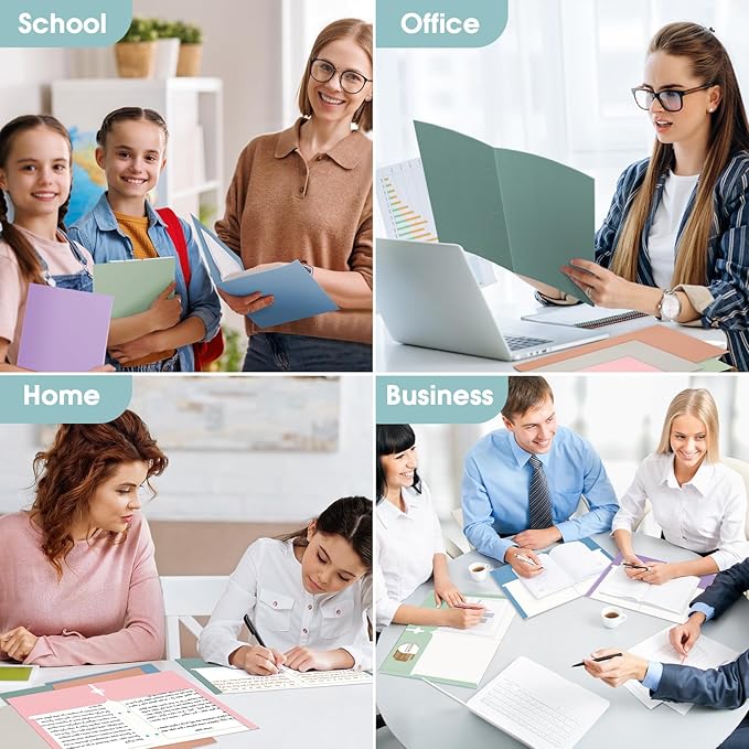 Pastel Folders with Pockets, 2 Pocket Folders Bulk (120 Pack, Assorted Colors), 3 Hole Punched with Business Card Slot, Letter Size, Cute Aesthetic Paper File for School Office Home for Girls