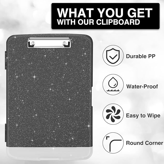 Sooez Glitter Clipboard with Storage, High Capacity Clip Boards 8.5x11 with Pen Holder, Cute Clipboards with Low Profile Clip, Sparkle Plastic Organizer Case Box for Women & Kids, Side Opening