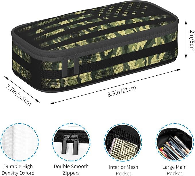 Camo Pencil Box for Kids Adults, Usa Flag Style Pencil Case for Boys Girls, Green Pencil Pouch Big Capacity Portable Pencil Holder Stationery Storage Desk Pen Bag for School Office