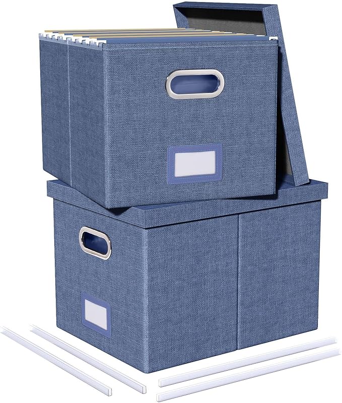 2 Pack File Storage Organizer, Document Organizer, Portable File Box with Lid, Fit for Letter/Legal File Folder Storage,Blue-Box only