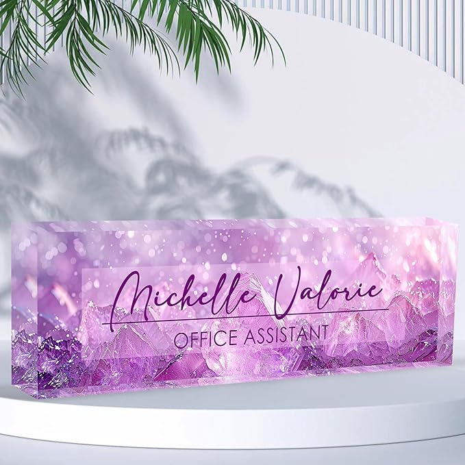 Personalized Office Name Plate, Custom Name Plate for Desks, Office Desk Decorations Gift for Women Men, Acrylic Desk Name Plate for Teacher Coworkers Staff Boss (Amethyst)