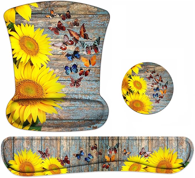 Keyboard Wrist Rest and Mouse Pad Wrist Support Set with Coasters, Non-Slip PU Base Ergonomic Gaming Mousepad for Computer Laptop Home Office Easy Typing & Pain Relief - Sunflower and Butterfly