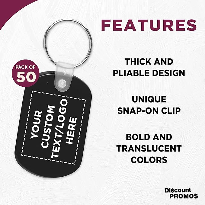 DISCOUNT PROMOS Tag Soft Plastic Keychains - 50 pack - Customizable Text, Logo - Small Key Tag Chain For Staying Organized - Rubber Key Ring Keychain – Black