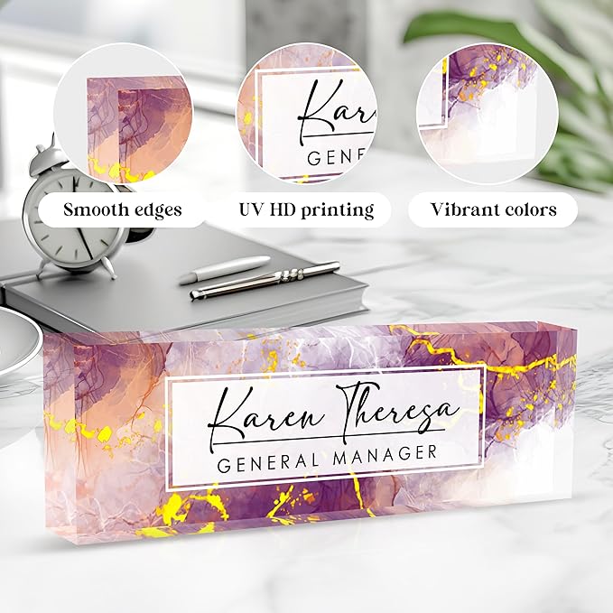 Custom Office Name Plate, Personalized Gifts for Women & Employees, Office Desk Accessory (Purple Marble)