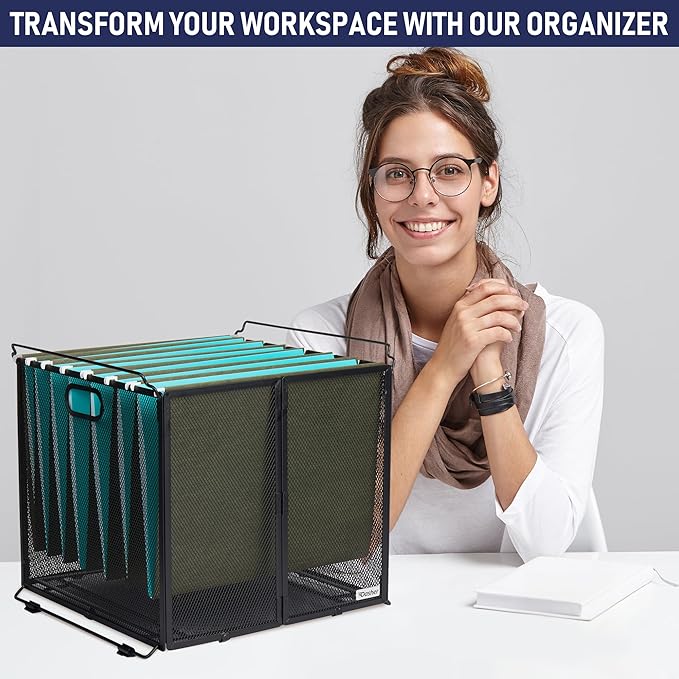 Dasher Products Hanging File Organizer Letter Size, Black Metal Mesh File Crate for Hanging Folders, Portable Document Folder Holder and Filing Bin. Ideal for Office, Home, and School Organization