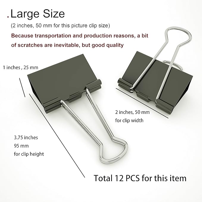 Nctinystore Binder Clips Large Metal Clamp 2 inch / 50 mm (Black, 12-PCS)