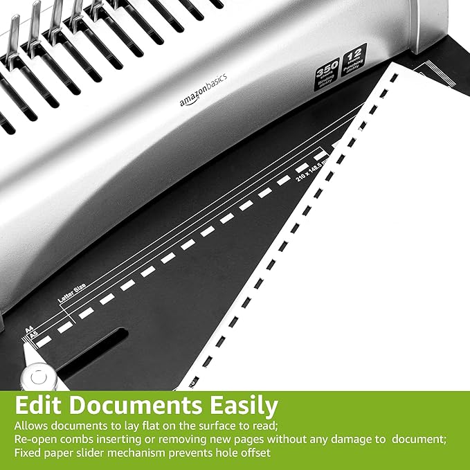 Amazon Basics Comb Binding Machine, 350 Sheets Capacity, for paper sizes A5(15 holes)/Letter(19 holes)/A4(21 holes) with Adjustable Margin, Grey