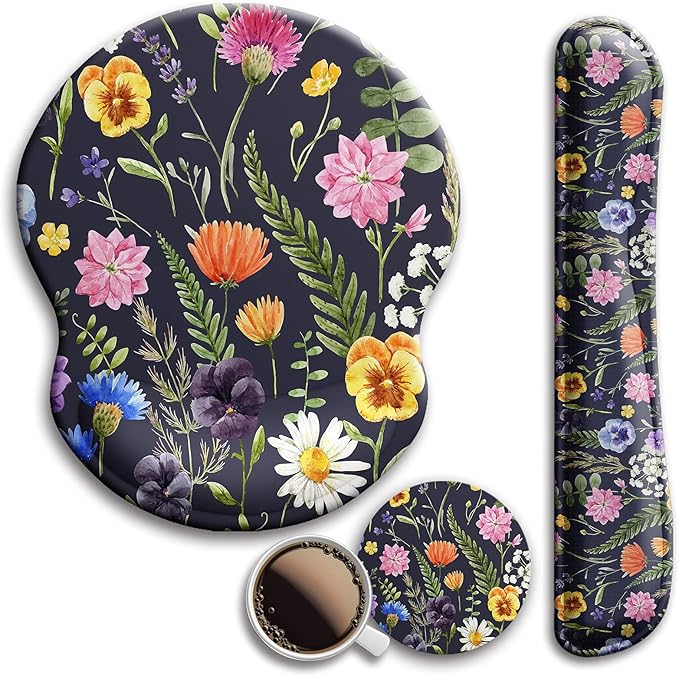 Mouse Pad and Keyboard Wrist Rest Support, with Non-Slip PU Base,Gel Mouse Pad with Coaster,Pain Relief for Gaming, Computer,Office -Floral Background