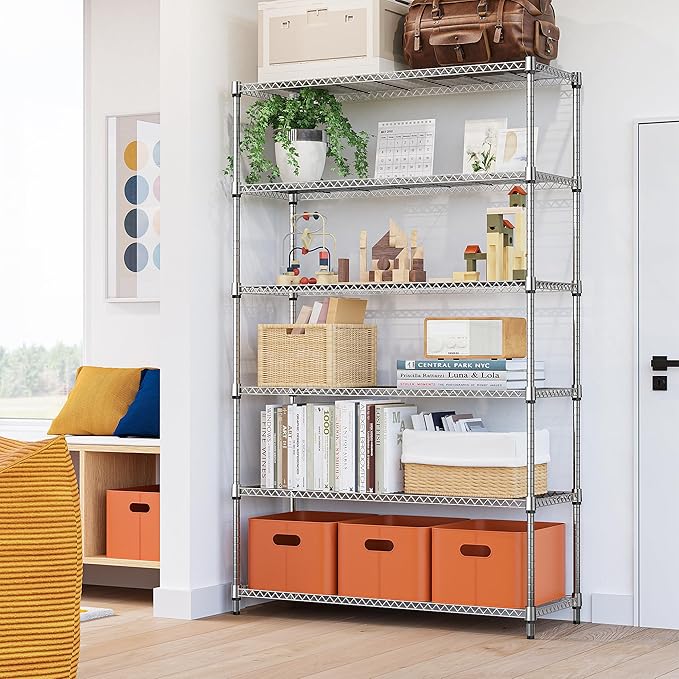 6 Tiers Storage Shelves Load 2100LBS, Metal Shelving Wire Metal Shelving Unit Shelves for Storage Adjustable Garage Shelving for Pantry Kitchen Garage Chrome 17.7" D x 47.3" W x 82.4" H