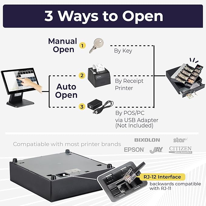 Volcora 13" Cash Register Drawer for Point of Sale (POS) System with Fully Removable 2 Tier Cash Tray, 4 Bill/5 Coin, 24V, RJ11/RJ12 Key-Lock, Double Media Slot, Small Money Drawer, Black
