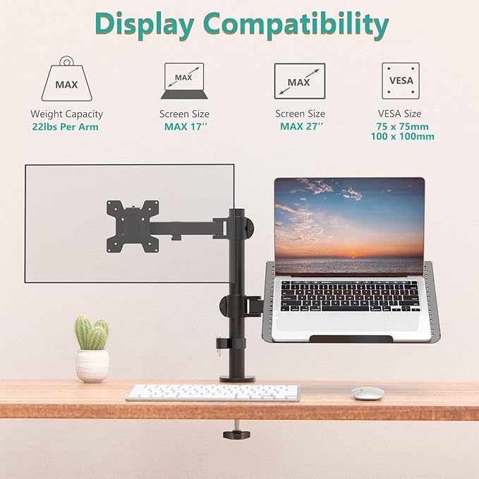 WALI Laptop and Monitor Stand, Fully Adjustable Monitor Mount and Laptop Tray for 1 Notebook up to 17 inch and 1 Screen up to 27 inch, 22 lbs, Weight Capacity (M001LP), Black