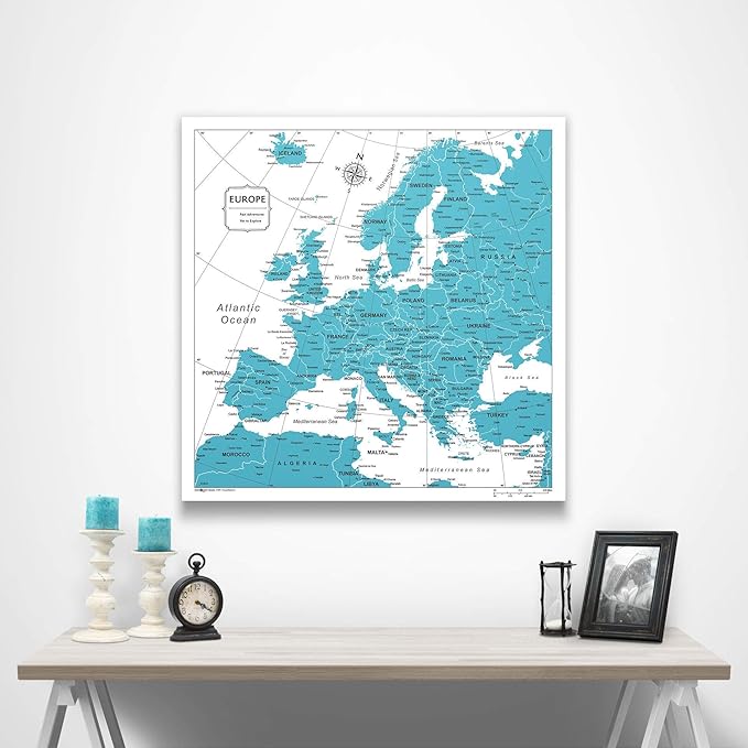 Push Pin Europe Map Board - With Push Pins to Mark Europe Travel - Handmade in Ohio, USA - Design: Teal Color Splash
