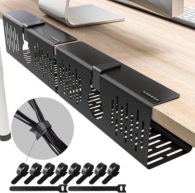 NODOCA No Drill Under Desk Cable Management Tray, 14'' Wire Management, Punch-Free Clamp on, Metal Cable Tray, Wire Organizer Under Desk, Under Desk Basket for Office and Home, Black(2 Packs)