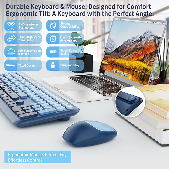 HotFox Wireless Keyboard and Mouse Combo, Full-Size Retro Typewriter Keyboard with Round Keycaps, Ergonomic Design for Windows PC, Home and Office Use -Blue