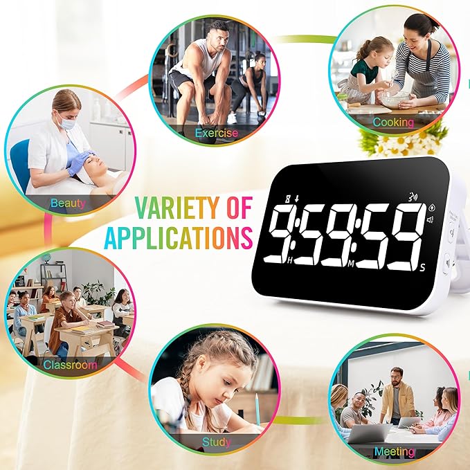 TXL Kitchen Timer for Cooking, Rechargeable Digital Magnetic Timer with Large LED Display, Loud Alarm, Sound Countdown, 4 Volume Levels and 3 Brightness for Classroom, Study (White)