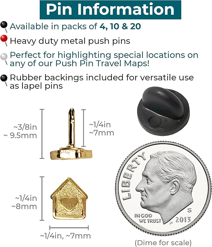 Mini House Push Pins - Gold House Pins - for Cork Board, Maps, or Lapel Pin Use - Designed in USA - Set of 10