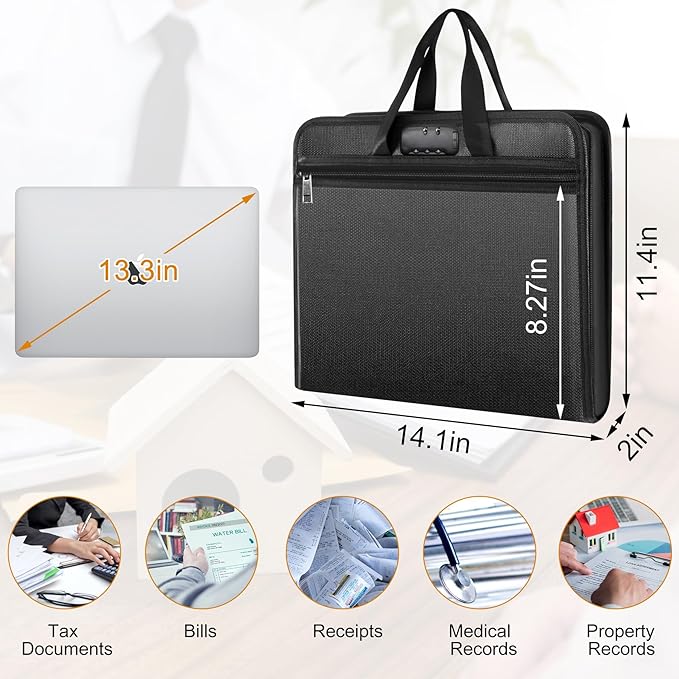 File Organizer Fireproof Expanding Accordion File Folder with Lock Zipper Labels13 Pockets Document Organizer Holder Storage Box Bag for Business Office Receipt Home Travel