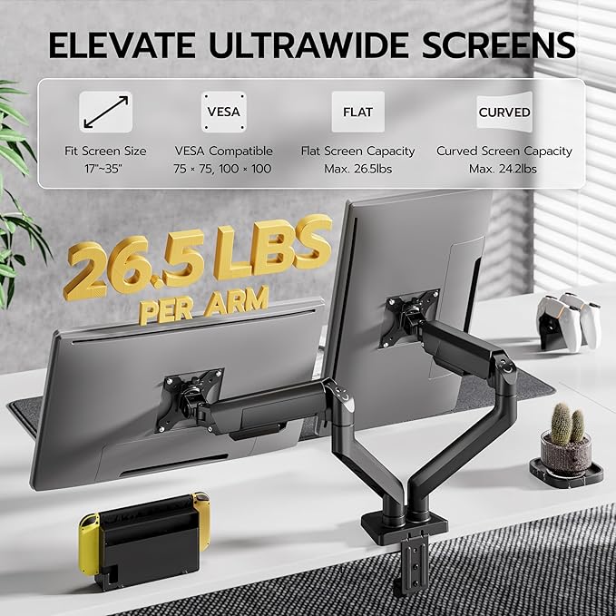 ARES WING Dual Monitor Mount, Heavy Duty Monitor Arms for 2 Monitors for 17-35 Inch, Fully Adjustable Monitor Desk Stand with USB A/C for Ultrawide Screen, VESA 75x75 or 100x100mm, Black