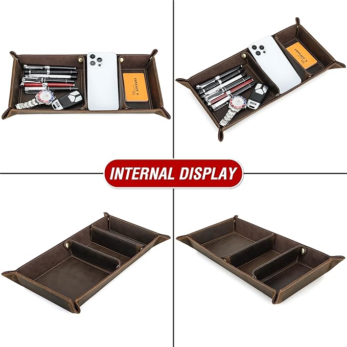 Top Grain Leather Desk Valet Tray Organizer for Man & Woman, Vintage Handmade, Foldable Flat Basket & 3 Compartments, Desk Catchall Holder for Wallet/Watches/Keys/Coins/Office Supplies, Coffee, Update
