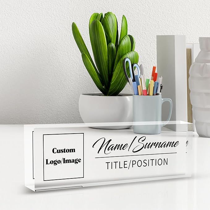 Name Plate for Desk, Custom Logo Desk Name Plate Personalized, Custom Acrylic Name Plate for Office Desk Decor, Employee Appreciation Gifts The Office Gifts for Men and Women with Image and Text