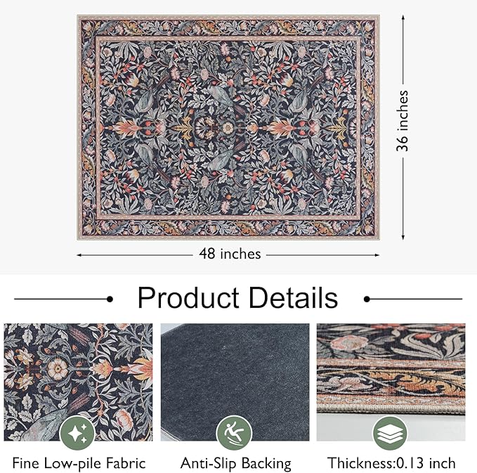 Anidaroel 36"x48" Office Chair Mat for Hardwood Floor/Tile, Anti-Slip Computer Chair Mat, Vintage Desk Floor Mats, Low Pile Floral Bird Office Rugs for Rolling Chairs, Taupe Under Desk Rug
