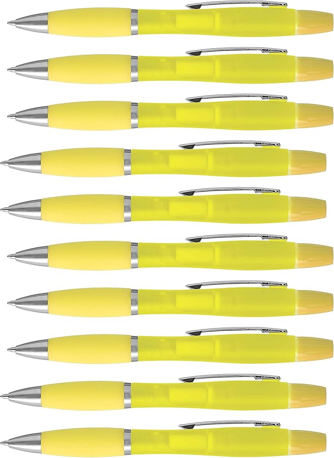 DISCOUNT PROMOS 10 Two in one Highlighter Pens Pack - Ballpoint, Silver Accents - Yellow