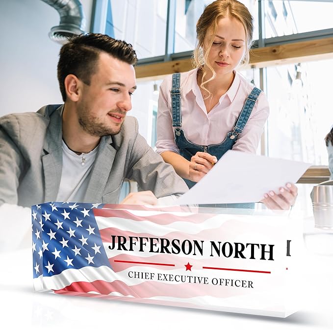 Name Plate for Desk - Personalized Acrylic Name Plate - US FLAG 1 - Small - Professional Style - Office