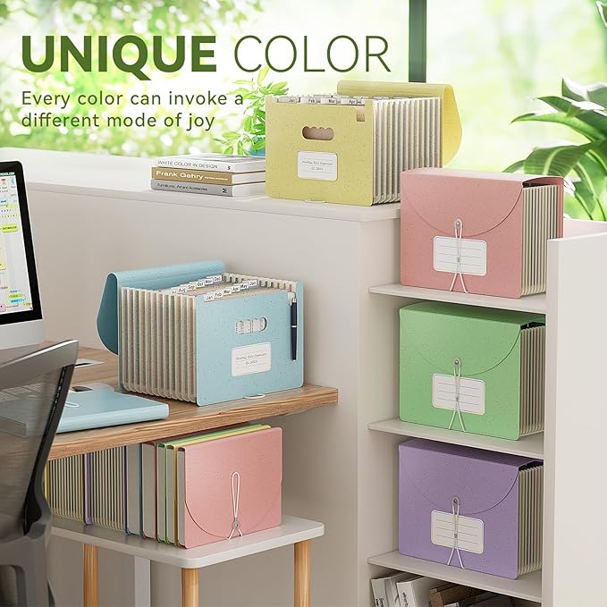 Accordion File Organizer, 13 Pockets Wheat Straw Expanding File Folder, Portable Monthly Paper Bill Tax Receipt Organizer, Letter A4 Size Document Holder with Colorful Tab - Grass Green