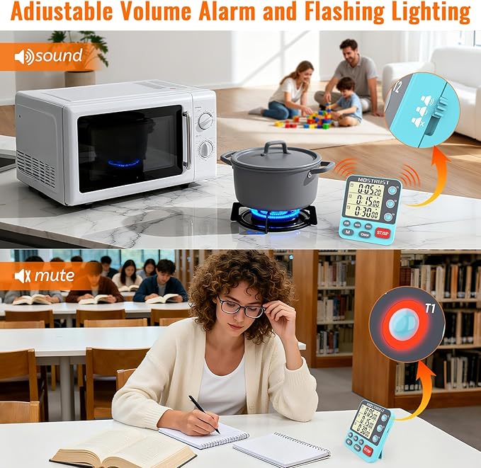 Digital Dual Kitchen Timer, 3 Channels Countdown Triple Timer for Cooking, Magnetic Memory-Preset Large-Display Adjustable Alarm Volume, Multi Times Management, 3A Battery Included, Blue