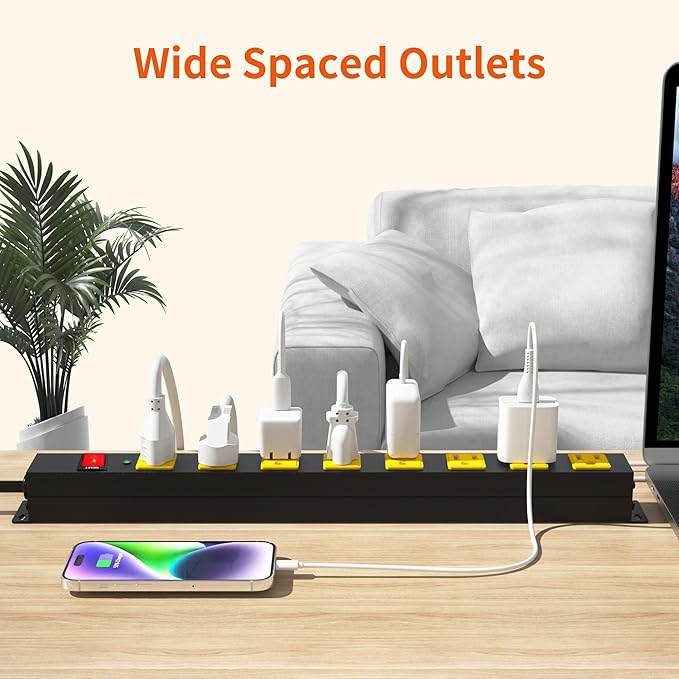 8 Outlet Metal Heavy Duty Long Power Strip, 2100J Surge Protector with 15 FT Extension Cord, Wide Spaced and Wall Mount Powerstrip for Home, Industrial, Workshop & Garage (15FT)