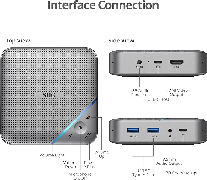 SIIG USB-C Multitask Mini Dock with Conference Speaker, Omnidirectional Microphone, Touch Volume Control, 4K HDMI, USB 3.0, 85W PD, Plug-N-Play, Mac and Windows, Silver (JU-DK0S11-S1)