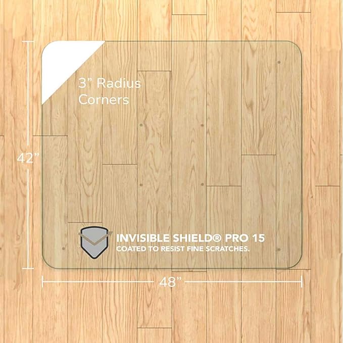 Vitrazza Glass Chair Mat 42” x 48” Superior ¼ Thick, Chiaro Standard Clear, Certified Tempered Safety Glass, Delivers a Smooth Glide, Protects Carpet or Wood, Beautiful in Home or Office