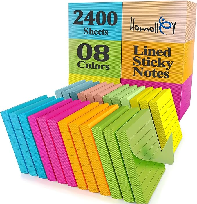 Lined Sticky Notes 3x3 Inch (24-Pack) – 2400 Sheets,100 Sheets per pad, Super Adhesive Ruled Sticky Note Pads in 8 Vibrant Colors for Office, School & Home Use