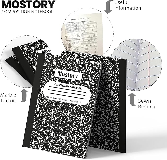 MOSTORY Pack of 5 Composition Notebook - Wide Ruled 200 Pages (100 Sheets), Size 7.5" x 9.75", Bulk School Supplies, Office, Bulk Notebooks for School, Writing Journal Notebook with Lined Paper