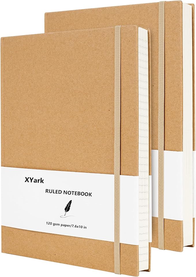 XYark Large B5 Line Notebook Journals, College Ruled Kraft Hardcover Sketchbook Subject Composition Notebooks with Lined Paper, 2 Pack, 120GSM, 102 Sheets, 7.6x10 inch, Travel Journal Set
