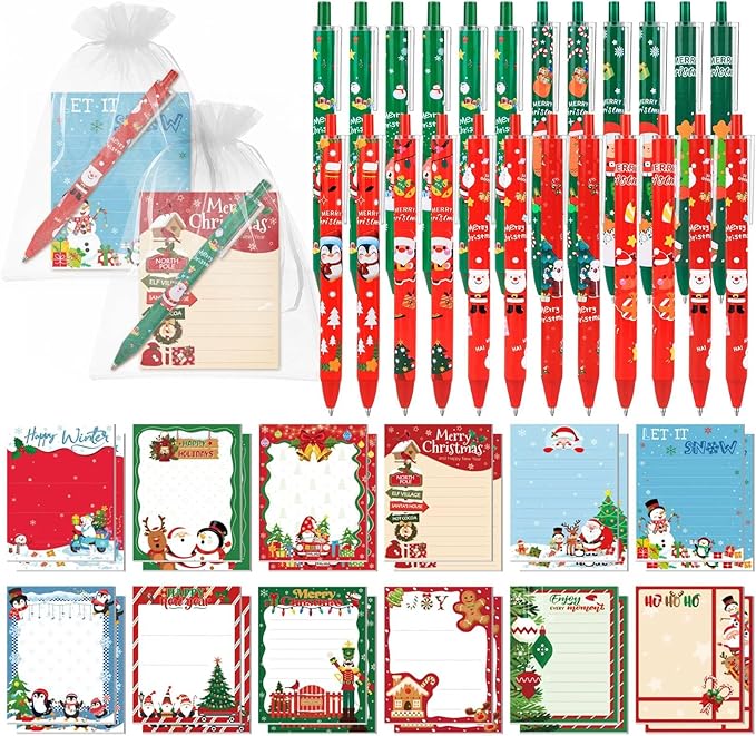 24 Sets Christmas Sticky Notes with Ballpoint Pens, Christmas Notepads Winter Memo Pad Bulk Christmas Gifts for Coworkers Holiday Decoration Party Favors Office Home Supplies