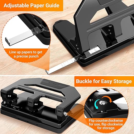 AFMAT Heavy Duty 3 Hole Puncher, 40-Sheet Paper Punch Heavy Duty, 50% Reduced Effort Three Hole Punch, 10K+ Uses, Metal Hole Puncher 3 Ring w/Large Tray, Bulit-in S.S. Paper Guide HPX2(Black)
